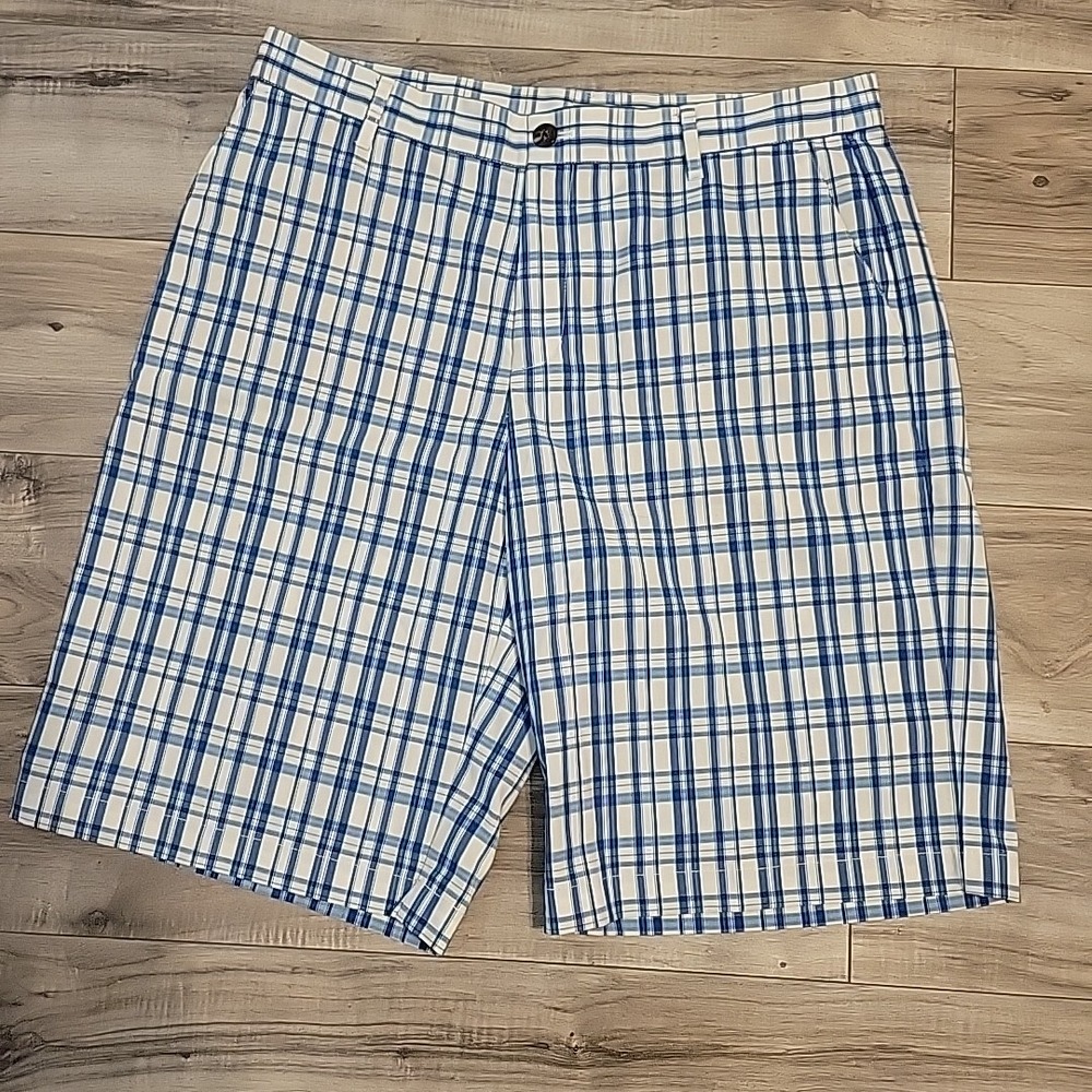 Adidas Golf Shorts Men 34 Blue White Checked Bermuda Pockets‎ Stretch